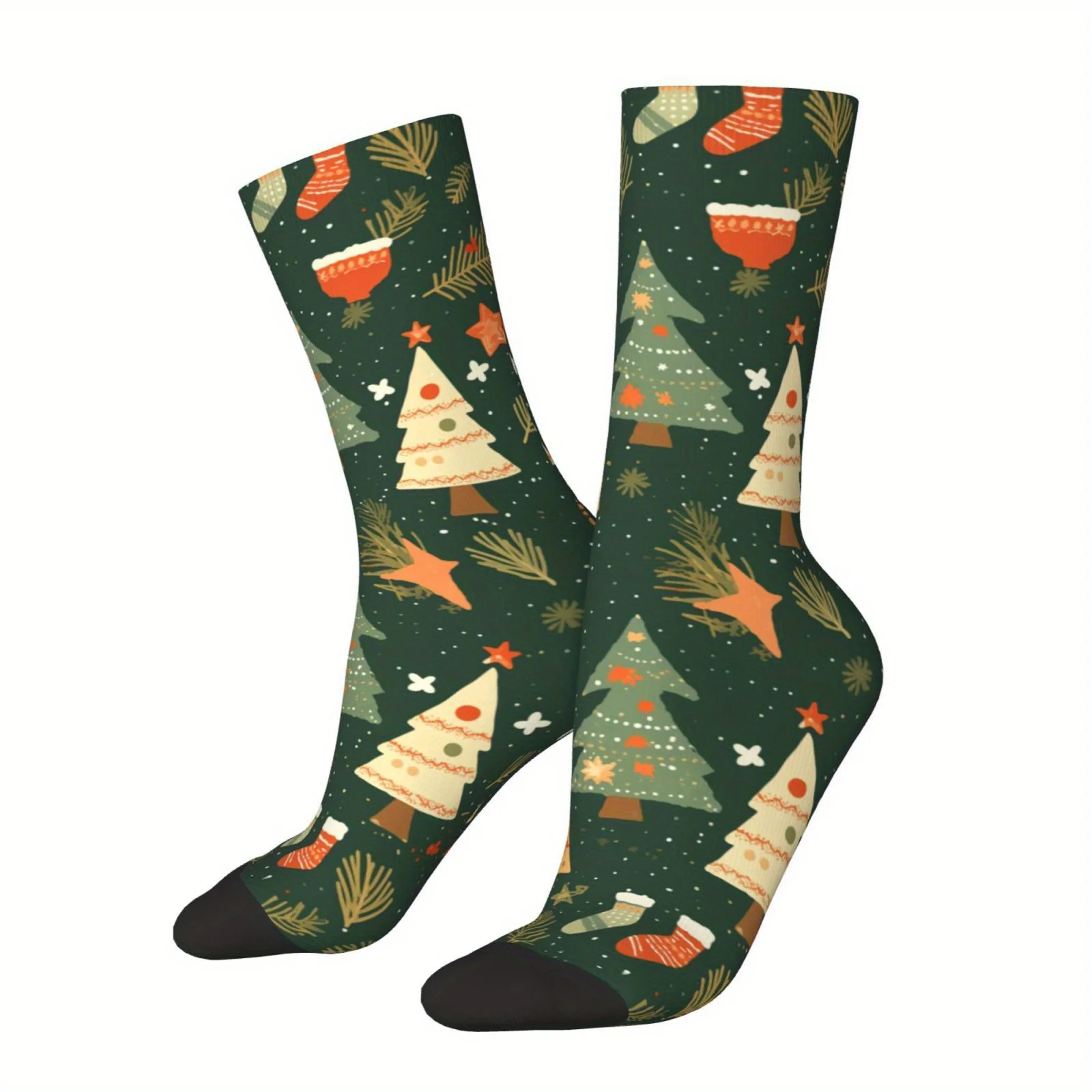 Festive Christmas Tree Print Crew Socks, Breathable Polyester Blend, Perfect Holiday Gift Men Socks Print