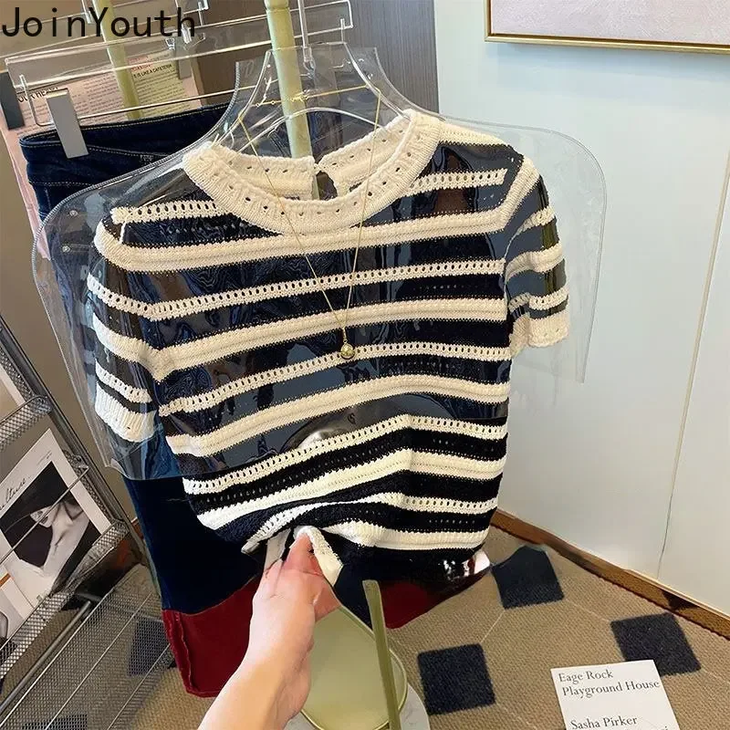 Striped Tshirts Women Clothing O-neck Short Sleeve Summer Tees Fashion Hollow Out Knitted Casual T Shirts Tops 2023 Ropa Mujer