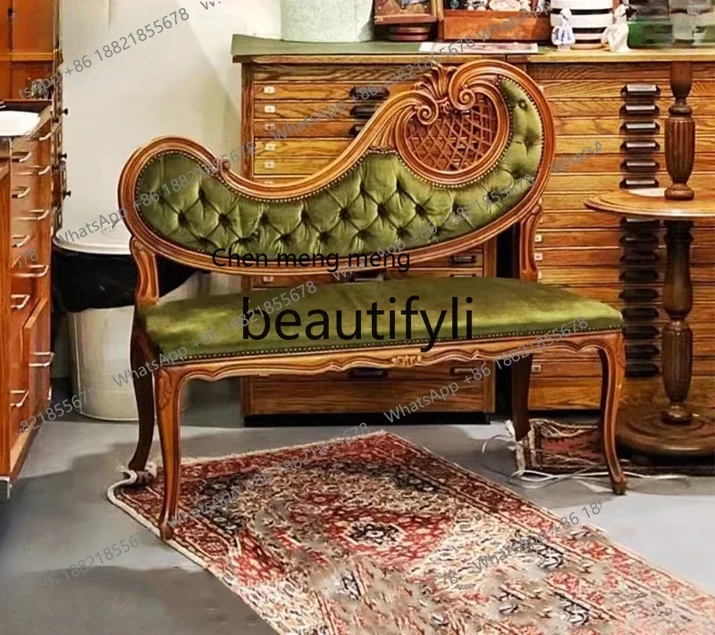 

D178 Solid wood sofa, living room French retro shoe changing stool, bedside stool, casual three-person high-end feeling
