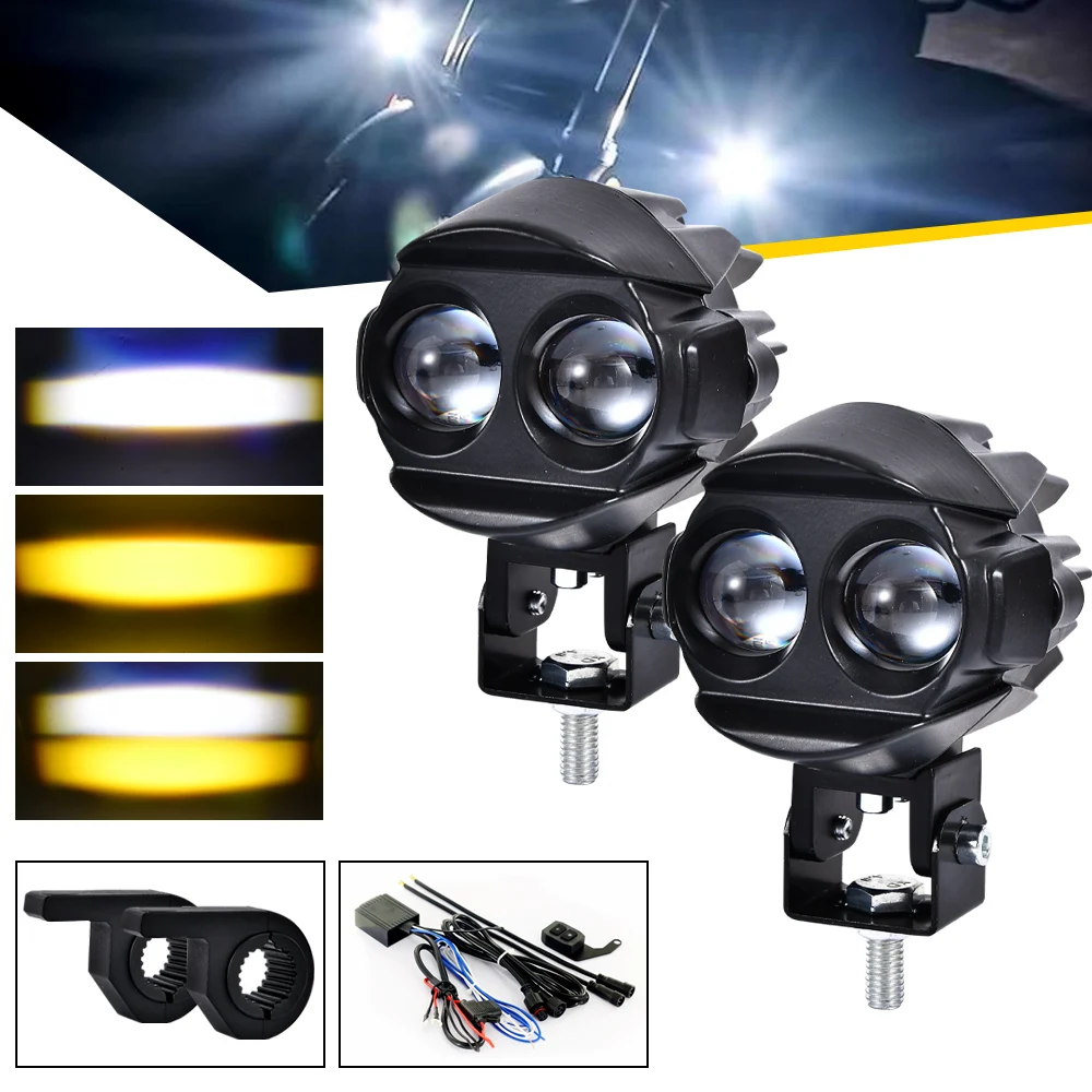 Pair 100W Motorcycle Headlight Fog Lights Led Auxiliary Driving Light Spotlight Headlamp Dual Color Flasher Farol Moto Fog Lamp.