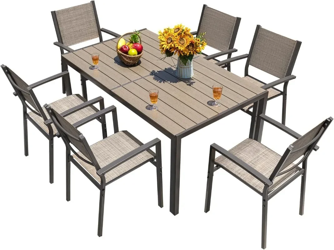 Homall Patio Dining Set 7 Pieces Outdoor Furniture with Large Table and 6 Textilene Chairs for Porch, Poolside, Yard and Garden