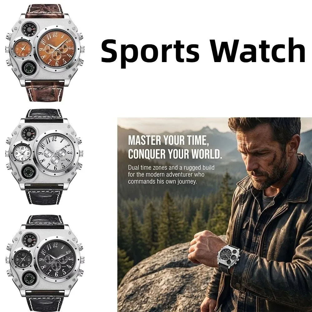 PU Leather Strap Big Face Watches Leather Strap Large Dial Dual Time Zone Watch Compass Decoration Luminous Men's Watch Men