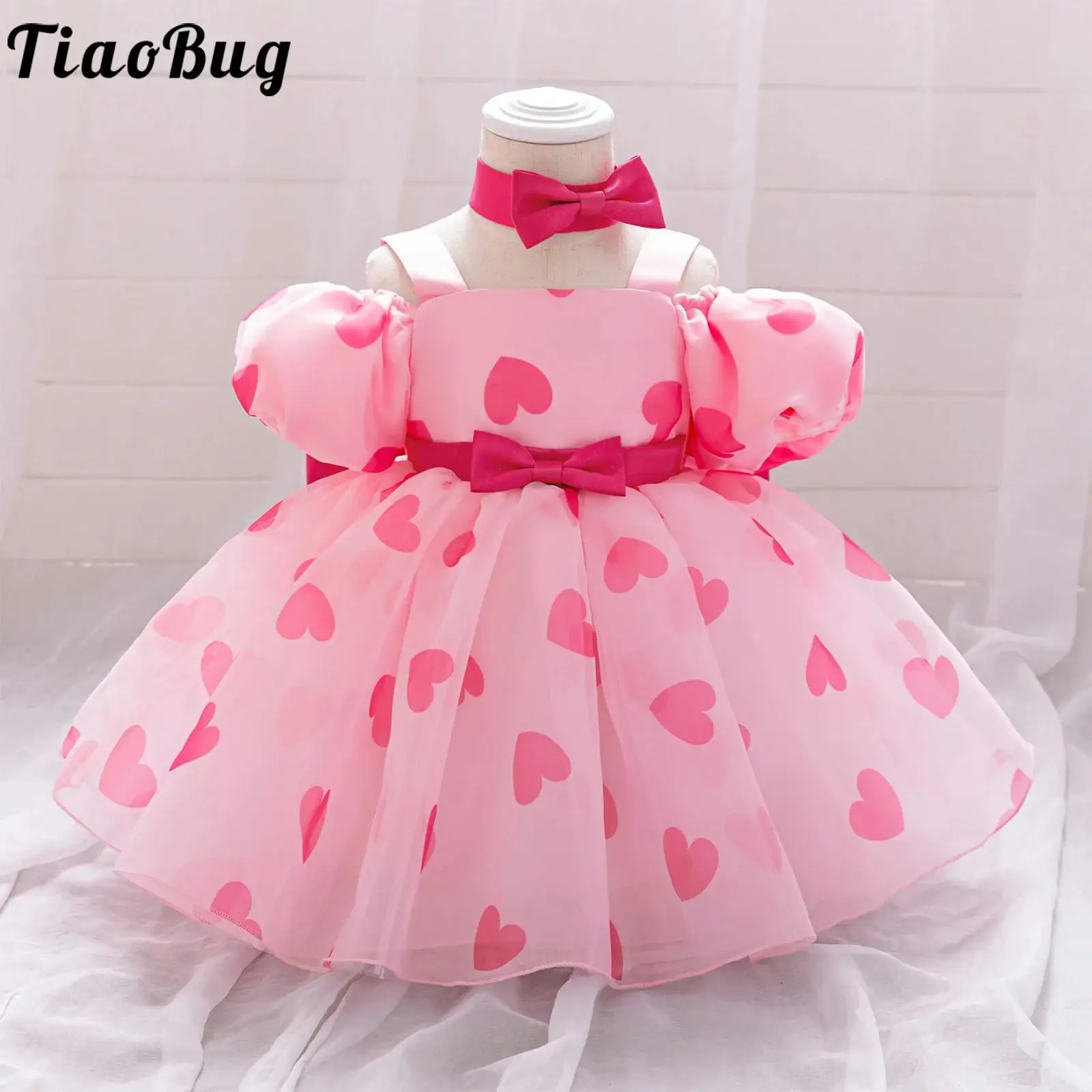 

Toddler Baby Girls Pink Princess Dress Short Puff Sleeves Bow Tulle Dresses with Bowtie for Wedding Birthday Party Photo Shoot