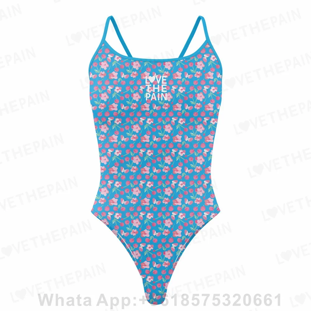 

Love The Pain Floral One Piece Swimsuit Thin Straps Versatile V-back Women's Swimwear Bikini Sexy Quick Dry Competitive Swimsuit