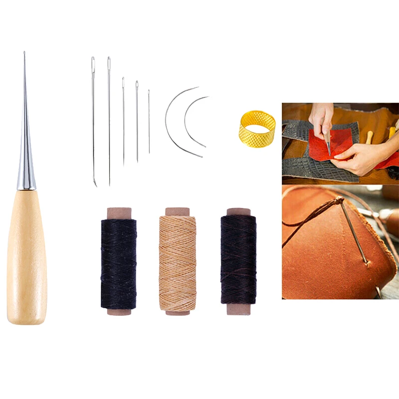 12Pcs/Set Leather Craft Tool Waxed Thread Cord Sewing Needles Shoe Repair Kit