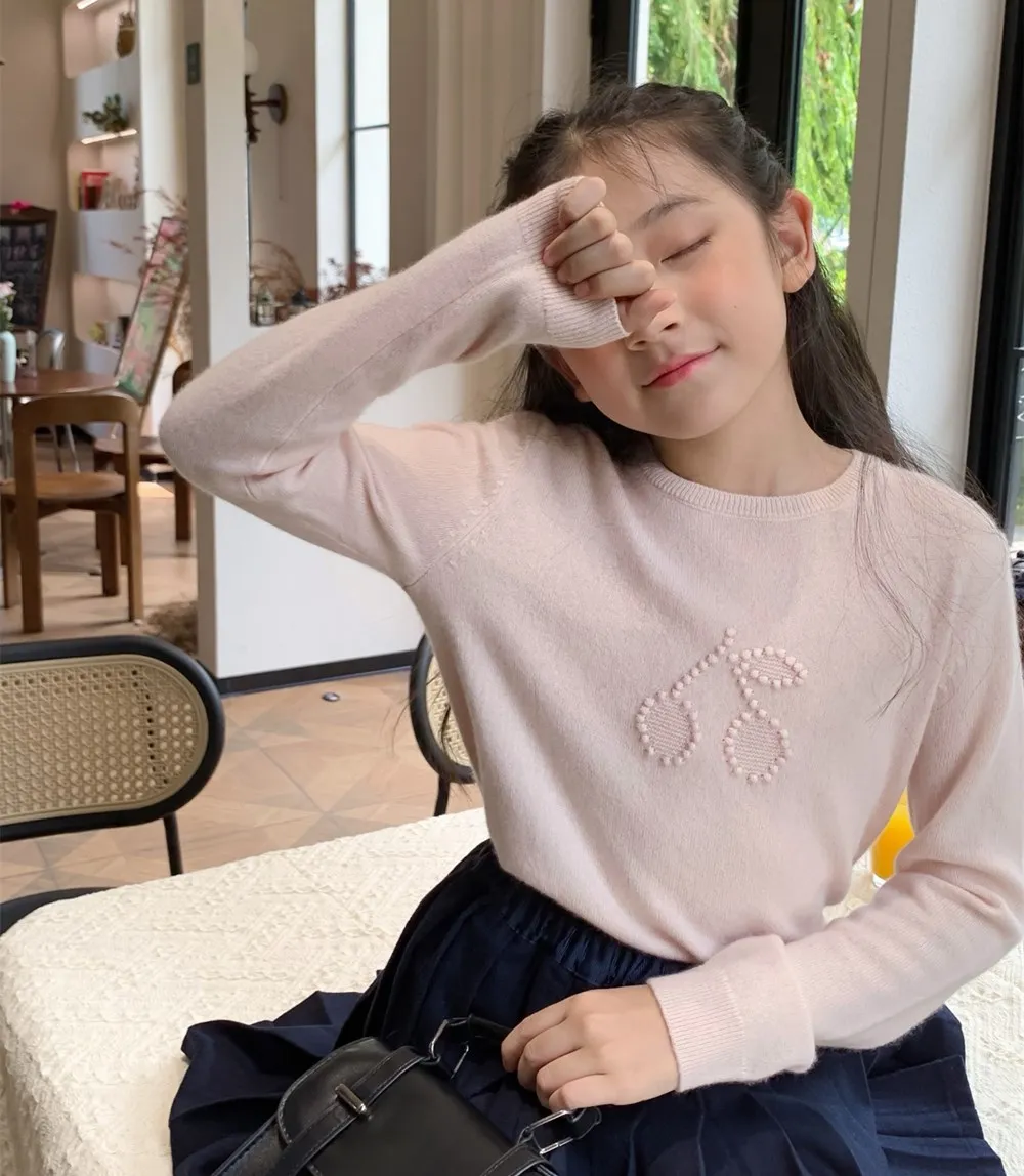 

winter girls' sweater Pink cherry pattern crocheted sweet sweater High quality cashmere blended pullover