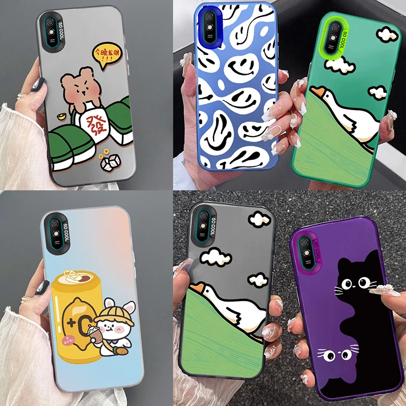 Чехлы для телефонов Redmi 9A 9AT, улыбающееся лицо, большой глаз, кошка, гусь, милые узоры в виде кошек и свиней для Redmi 9A, Роскошные Лазерные Чехлы Aurora