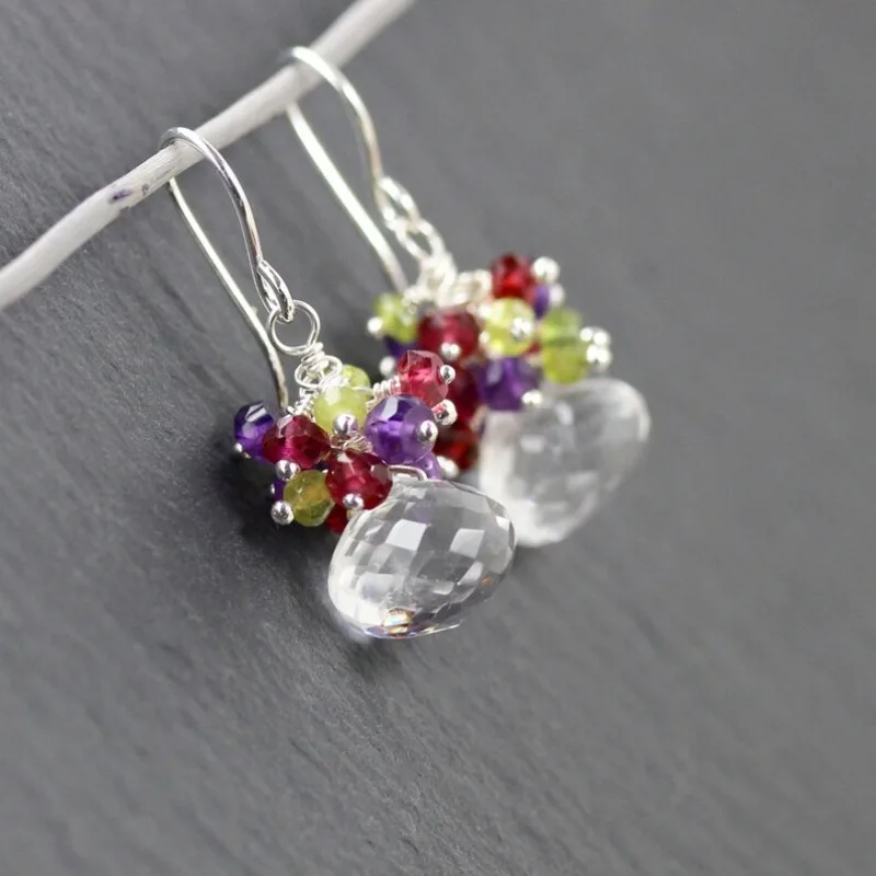 Multicolored gemstone cluster earrings, set with transparent crystal, amethyst, garnet and talisman stone