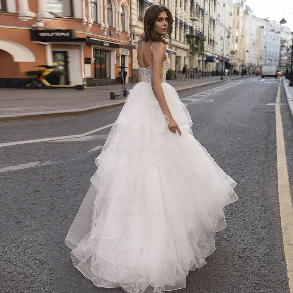 Vestido De novia largo De tul con cuello en V para mujer, traje Sexy con cuentas, tirantes finos, exquisito, 2024