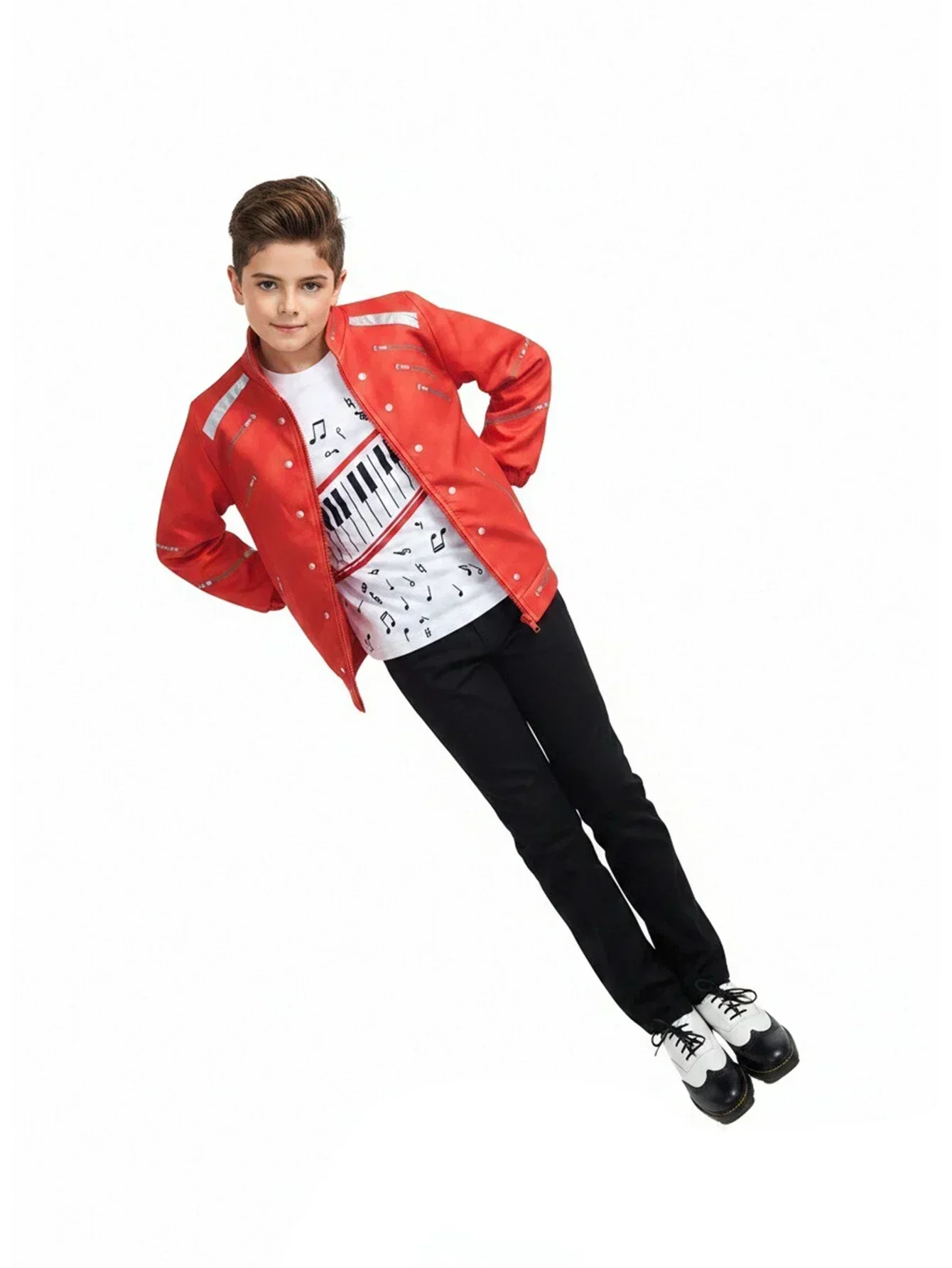 Kinder Jungen Mädchen 70er 80er Jazz-Tanzkostüm Retro Sänger Bühnenoutfit Roter Reißverschlussmantel Rote Hose Komplettes Zubehörset – Detail 8