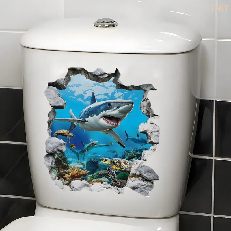 [J] Breaking The Wall Shark Toilet Sticker Bathroom Beach Floor Decal Waterproof Anti Slip Removable Seashore Bathtub Decor