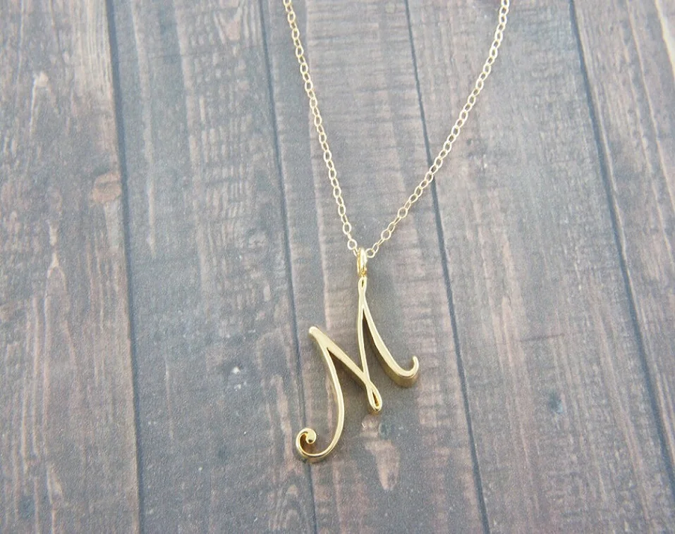 Cursive Initial Capital Letter M Chain Necklace Stainless Steel Swirl Alphabet Text Name Partner Pendant Choker for Women Girls
