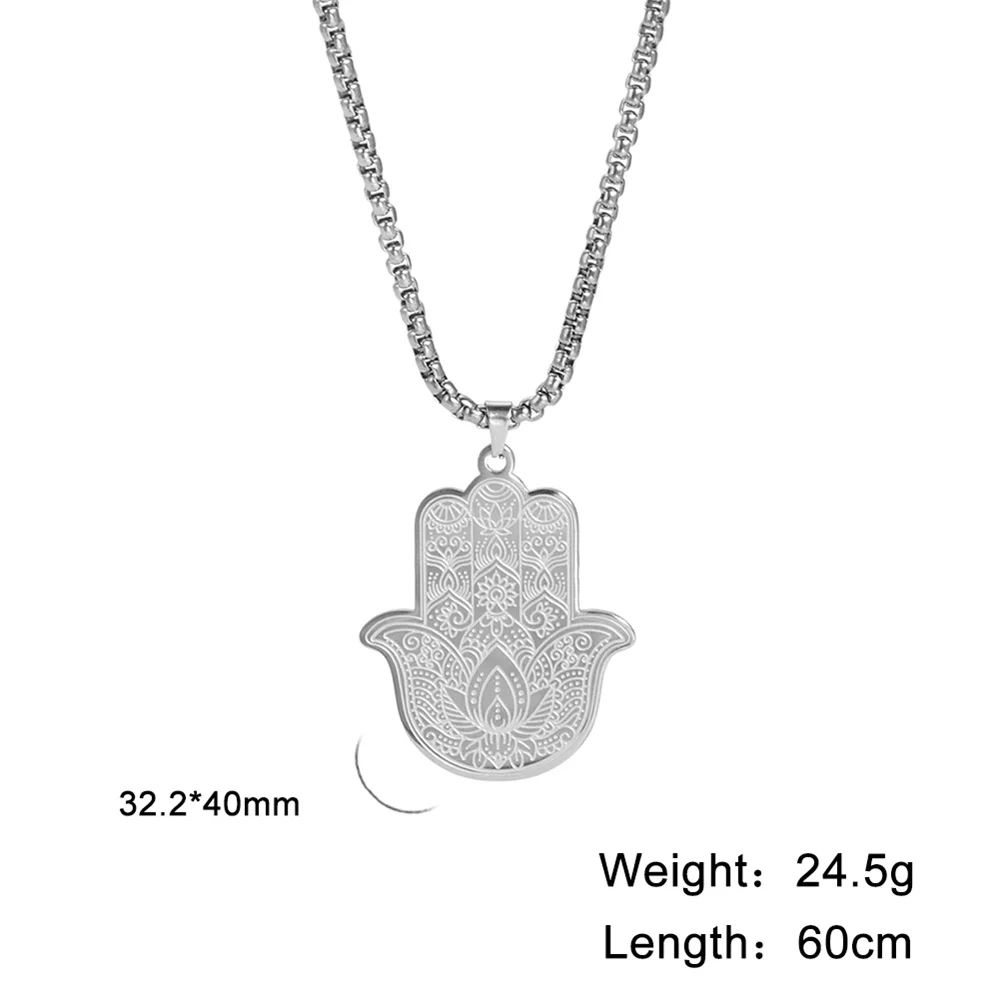 EUEAVAN Hamsa Hand Lotus Flower Pendant Necklace Stainless Steel Box Chain Fatima Yoga Hindu Necklaces Vintage Amulet Jewelry