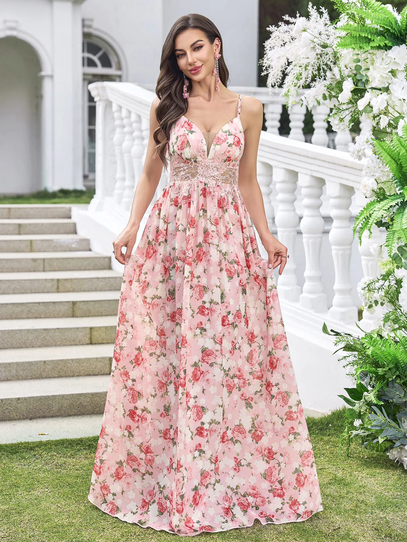 

UNITHORSE [случайный вырез] цифровой принт на тонких бретельках на талии с блестками и вышивкой струящееся шифоновое платье подружки невесты