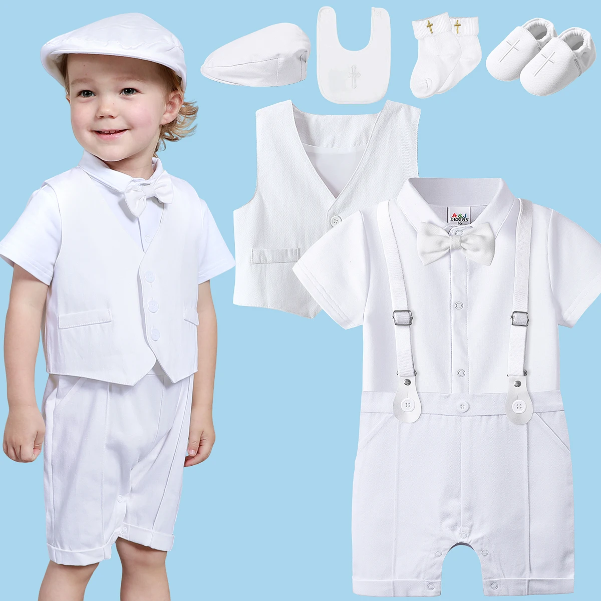 Baby Boys Baptism Outfit Infant Wedding Gentleman Set Christening Formal Birthday Party Suit Suspender Bow Tie Romper