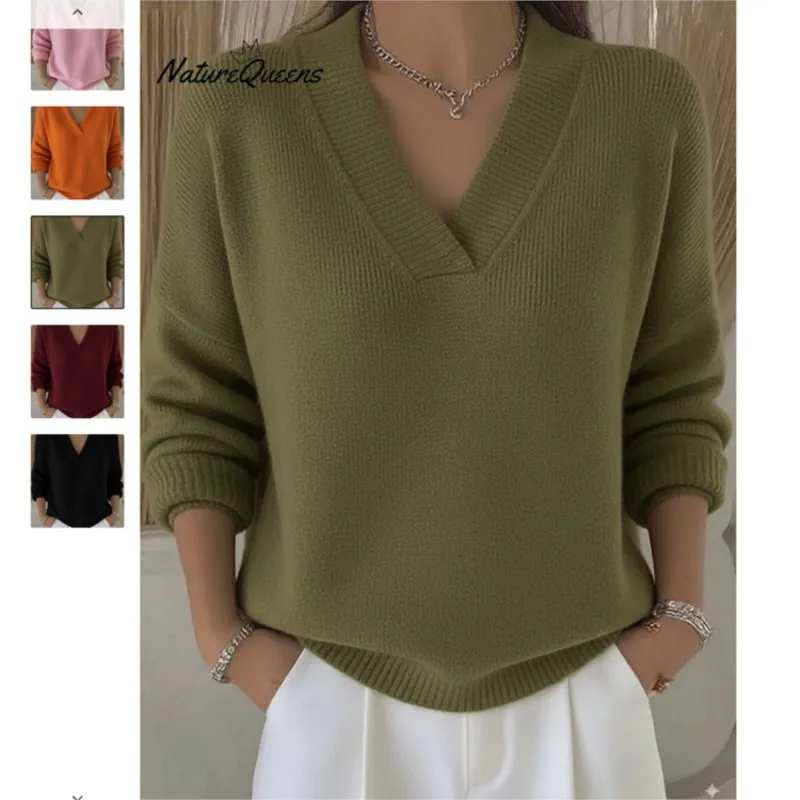 

Autumn Winter New Solid Color Sexy V-neck Knitted Sweater For Women Loose Slimming Knitted Pullover Thick Sweater For Women