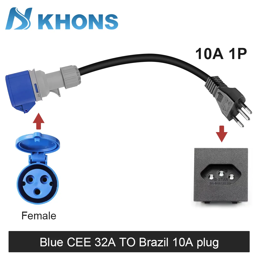 KHONS elétrico veículo carregador azul CEE 32A para plugue brasileiro 10A adaptador 32A 1 fase fêmea para conector de plugue 10A