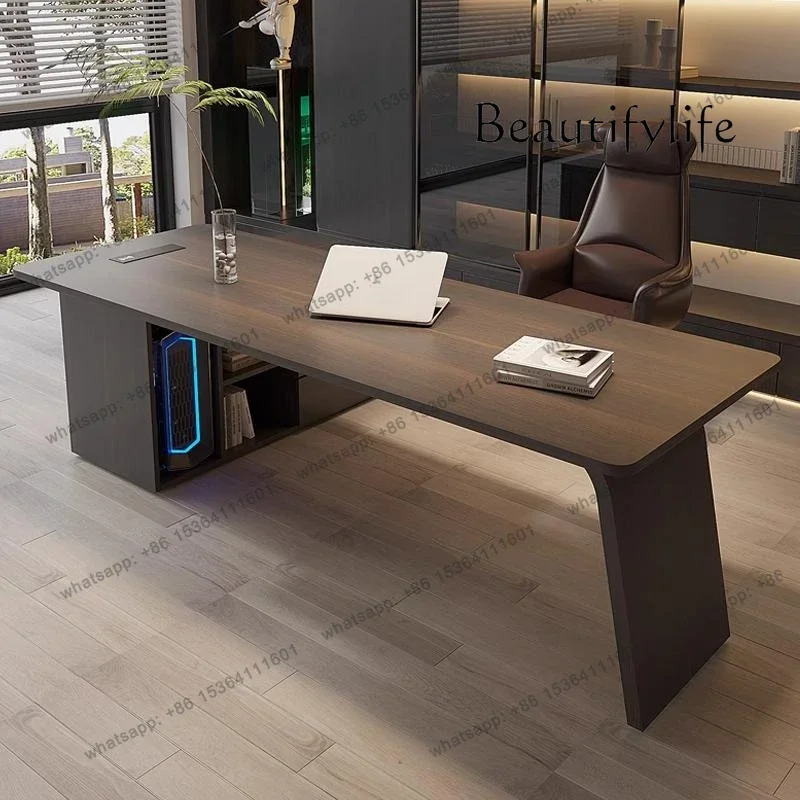 z.Italian minimalist smoked wood desk household high-end study with cabinet computer desk desk
