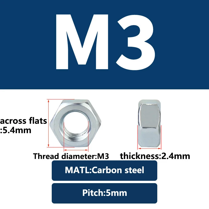 200 pcs M3 Hex Nuts, Pitch 0.5mm Carbon Steel Zinc Plated Metric Hexagonal Thread Fastener Nuts, 5.4mm Across Flats 2.4mm Thick