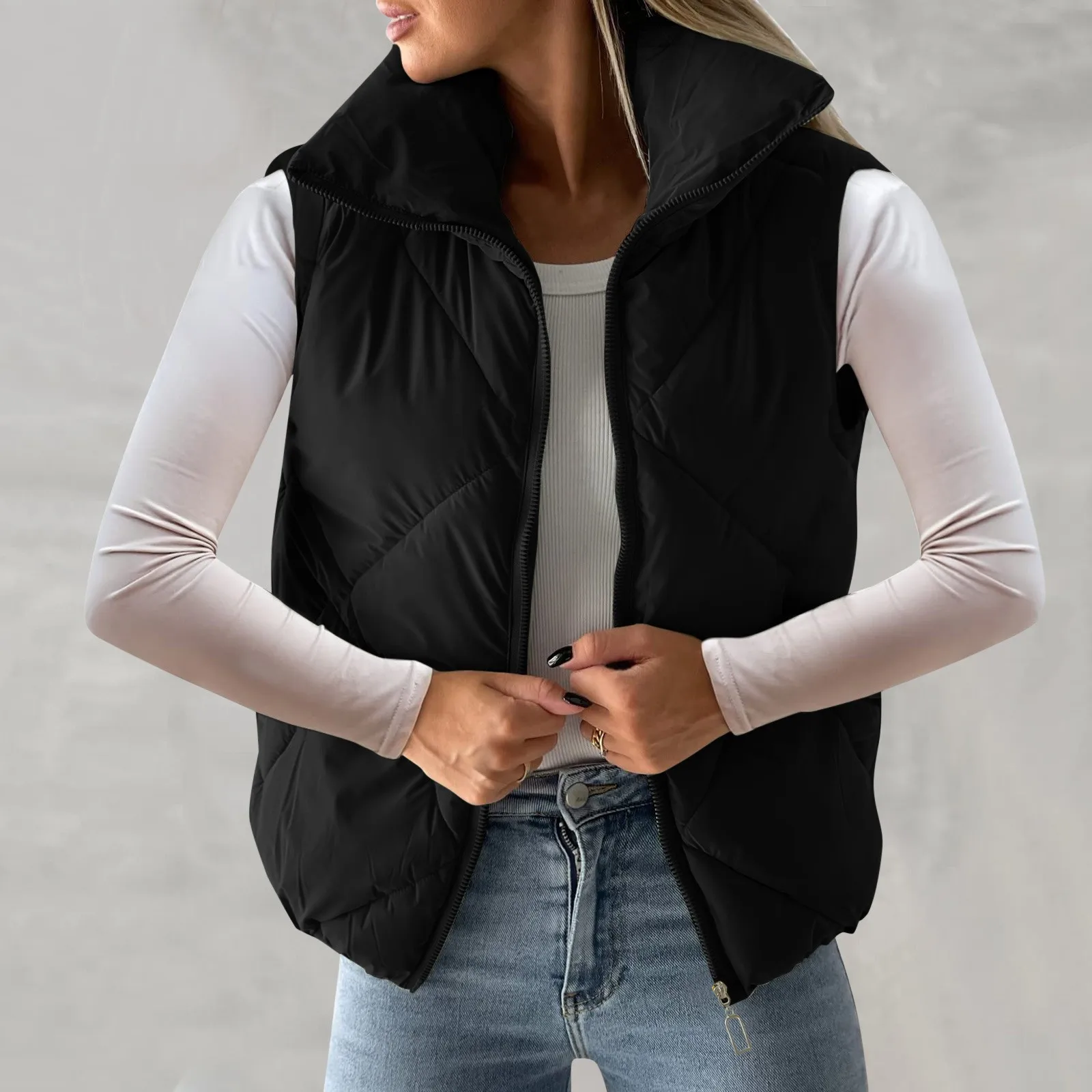 Pockets Full Zip Sleeveless Quilted Jacket Stand Solid Versatile Short Vest Coats Warm Fashionable Fall Winter Jacket Women