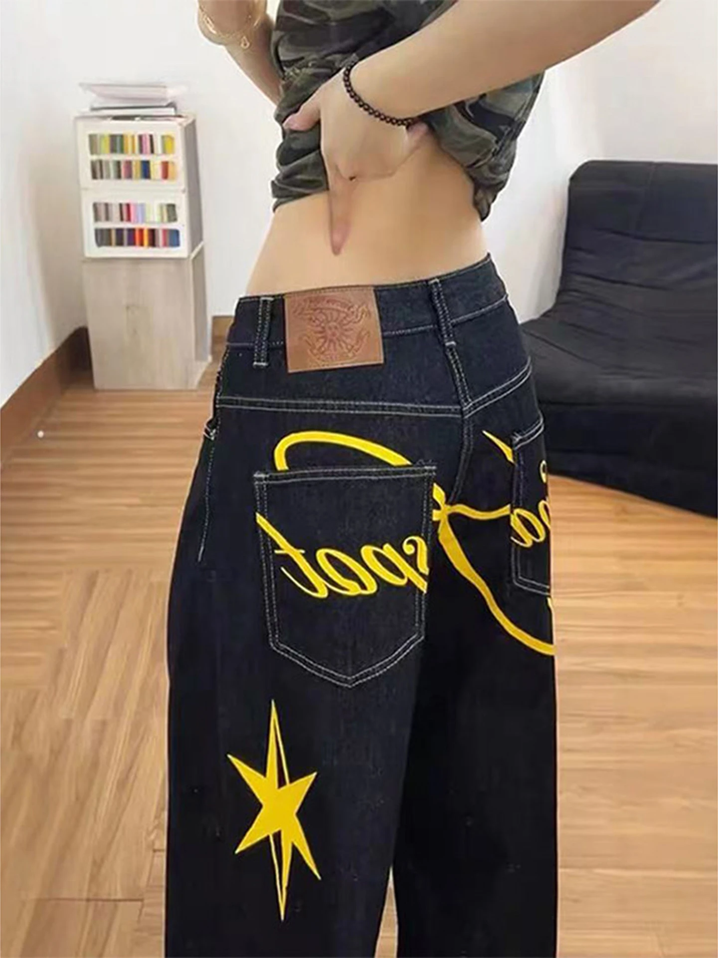 

Джинсы с принтом коровьих узоров для мужчин и женщин, американский уличный стиль, прямые широкие брюки-карго свободного кроя