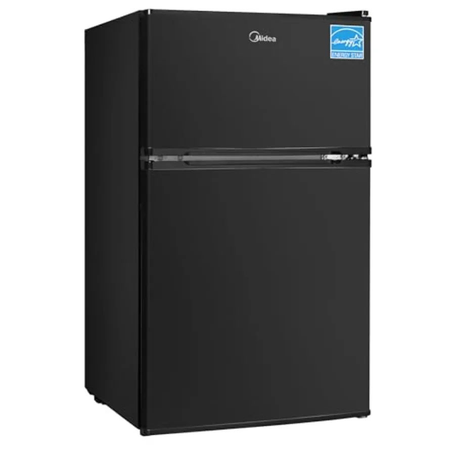 

Double Door Mini Fridge with Freezer for Bedroom Office or Dorm: Black Steel, Adjustable Removable Glass Shelves, Compact 3.1 c