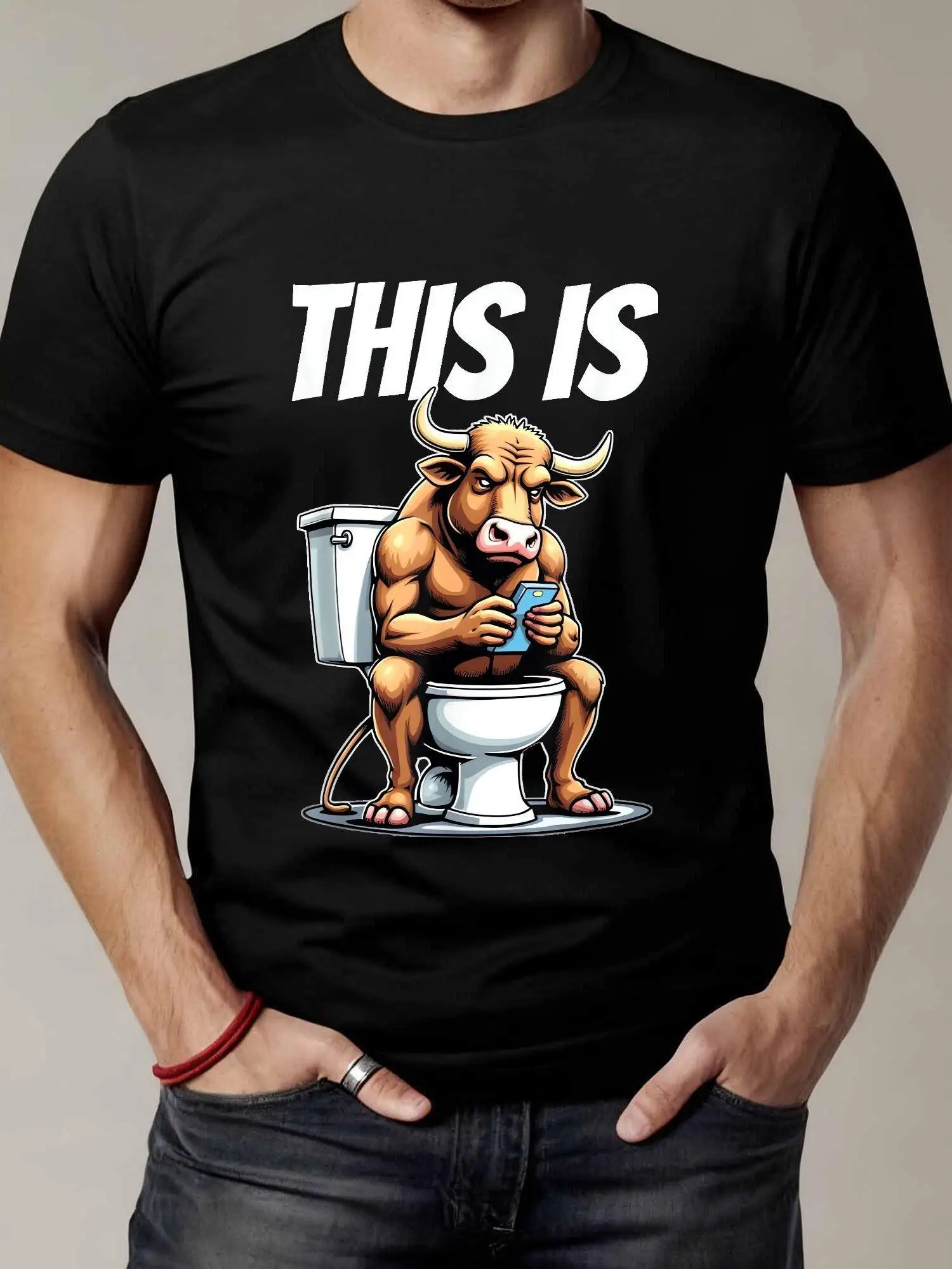 A T-Shirt Featuring a Bull Sitting on a Toilet While Using a Smartphone - Graphic Tees for Men, Including Vintage Styles And Printed Designs