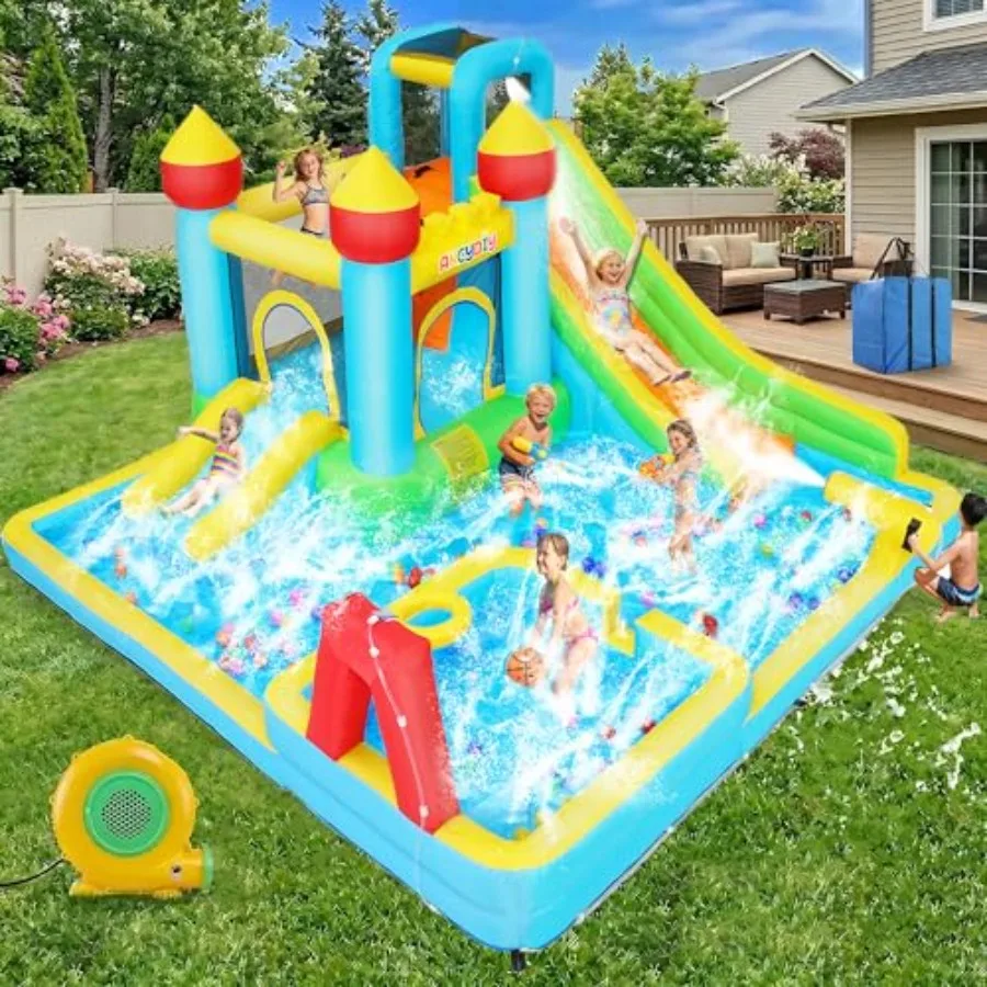 

Надувной батут-горка для детей 8-12 лет, большой уличный батут с двумя горками, бассейном и боксерской грушею