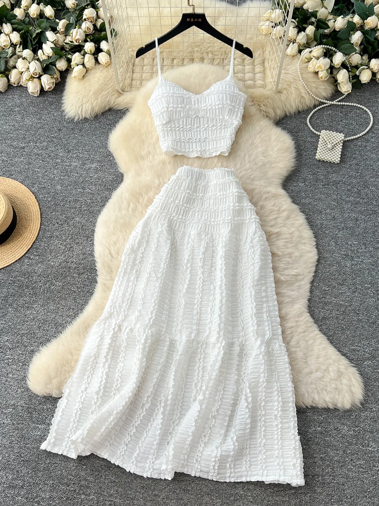 Ele Sommer-Damen-Zweiteiler-Set, hohe Taille, drapierter Rock, schmale Passform, Tank-Top mit Holz, lässiges Faion-Ensemble