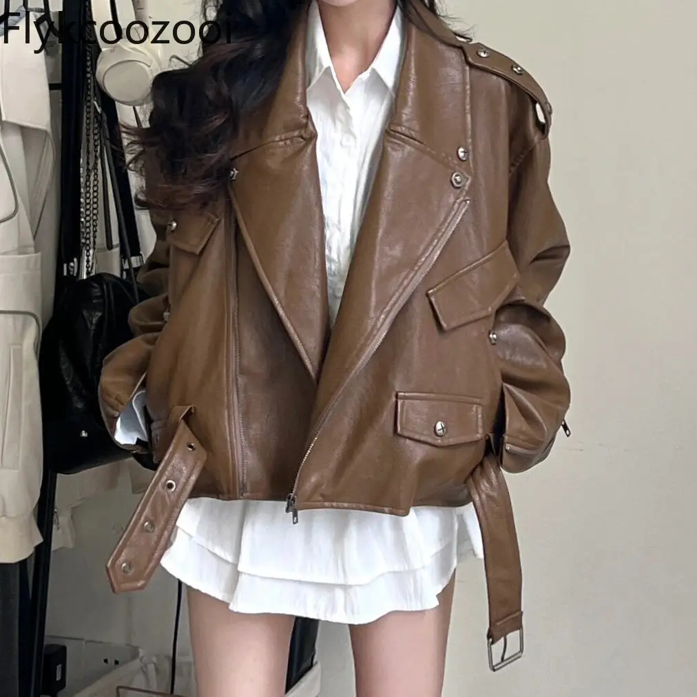 American Coffee Color Locomotive Leather Coat Woman 2024 Spring New Loose Temperament Jacket Top Winter Clothes Women