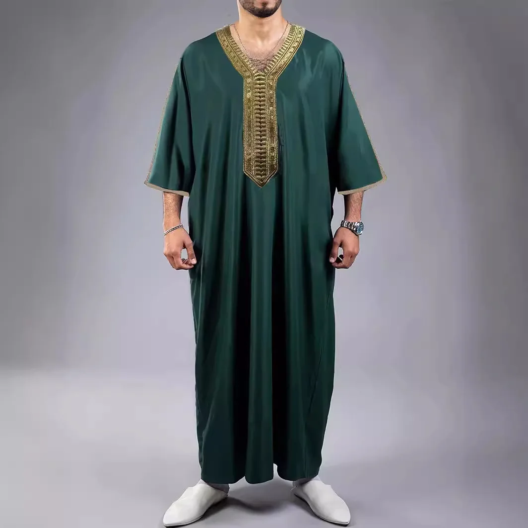 UNI Muslimische männer Casual Thobe Bluse Herren Sommer Mittleren Ärmeln Spitze Robe Einfarbig Lose Nähte Business Hemd Arabisch robe