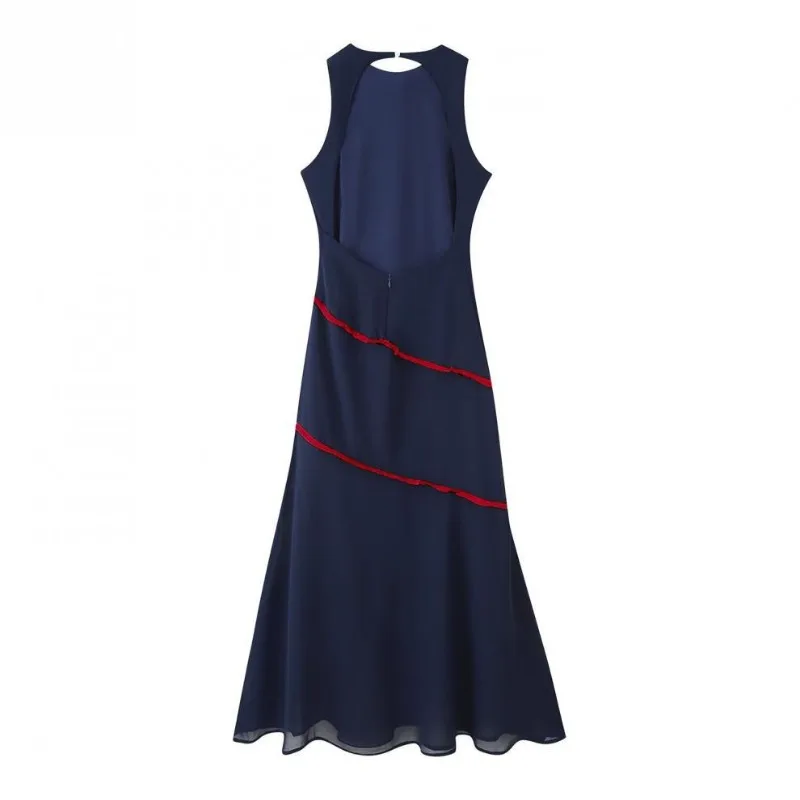 Chic Sleeveless Patchwork Contrasting Tassel Decoration Maxi Dress Backless Chiffon Hem A Line Dresses Evening Party Minimalist