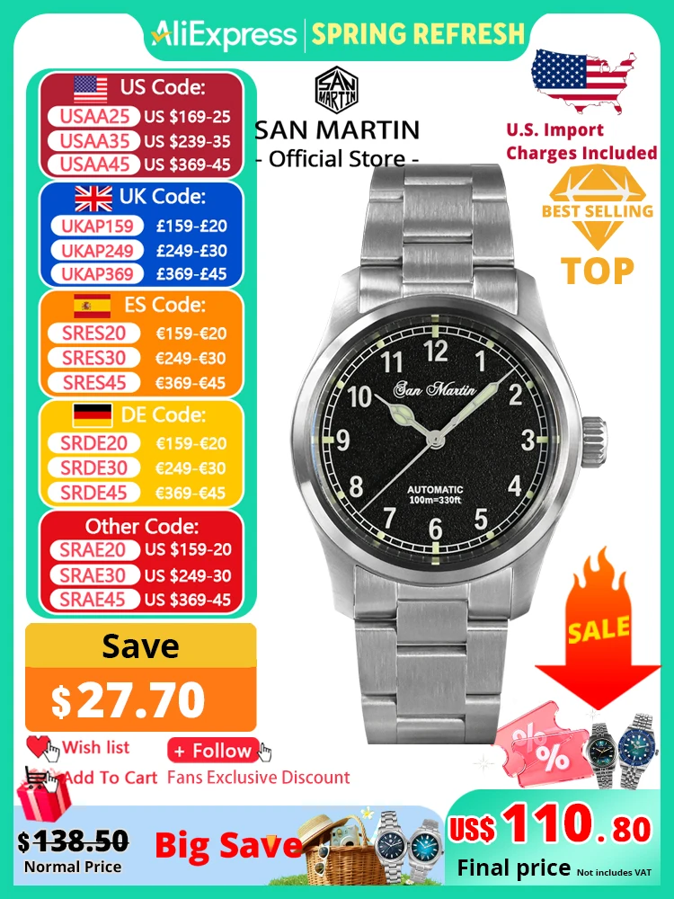 

San Martin Simple Men Watch 37mm Pilot Miyota 8215 Classic Military Explore Automatic Mechanical Watches Waterproof 100m