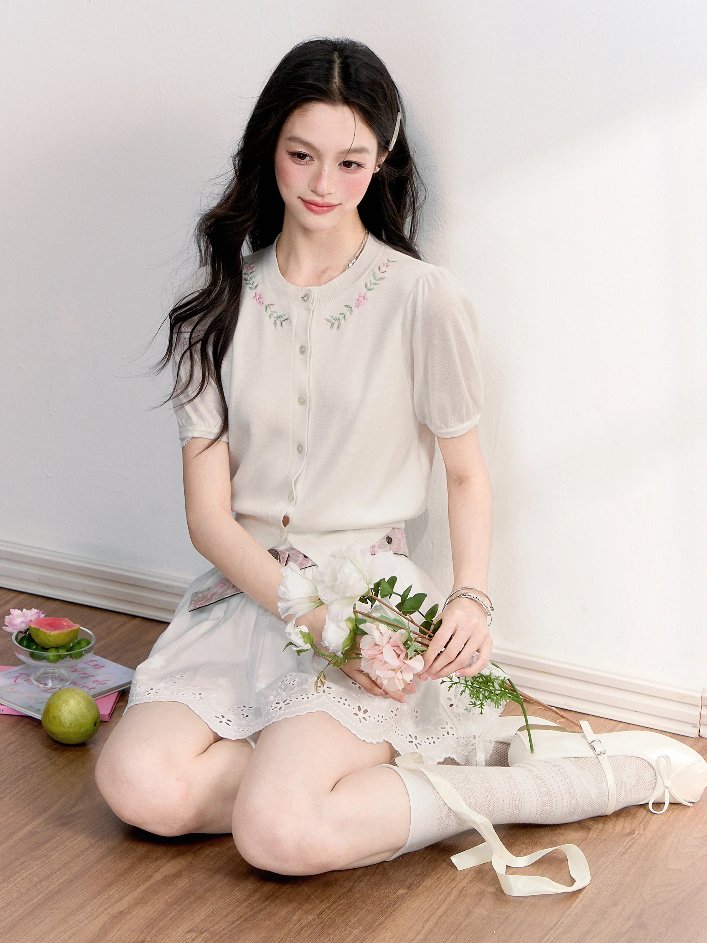 Fragile Heart Embroidered Knitted Sun Protection Cardigan Top Gentle Wind Short Sleeve round Neck Slim Fit Summer T-Shirt