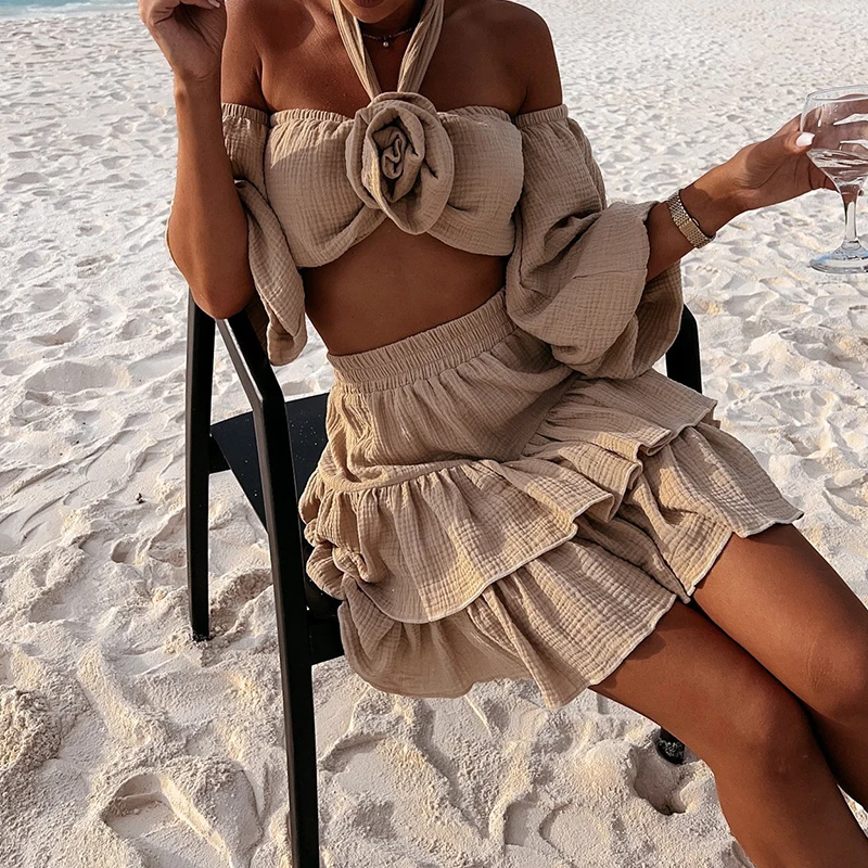 Women Fashion Boho Two Piece Outfit Summer Cotton Solid Beach Suit Sexy Flower Off Shoulder Crop Tops And Ruffles Mini Skirt Set