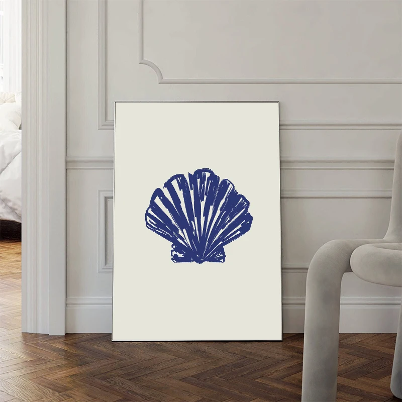 2026 Cartoon Simple Blue Lines Seaside Coconut Shell Wine Bottle Fish Flowers Poster Canvas Painting Wall Art Pictures Home 
