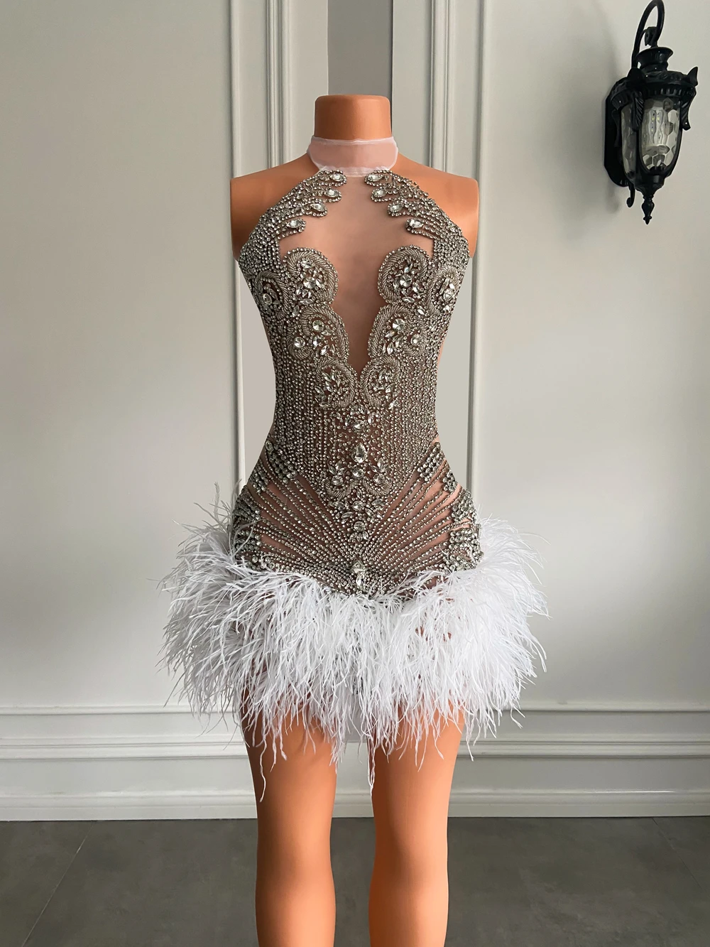 Sparkly Handmade Crystals Women Birthday Party Gowns Sexy See Through White Feather Black Girls Short Mini Prom Dress 2026