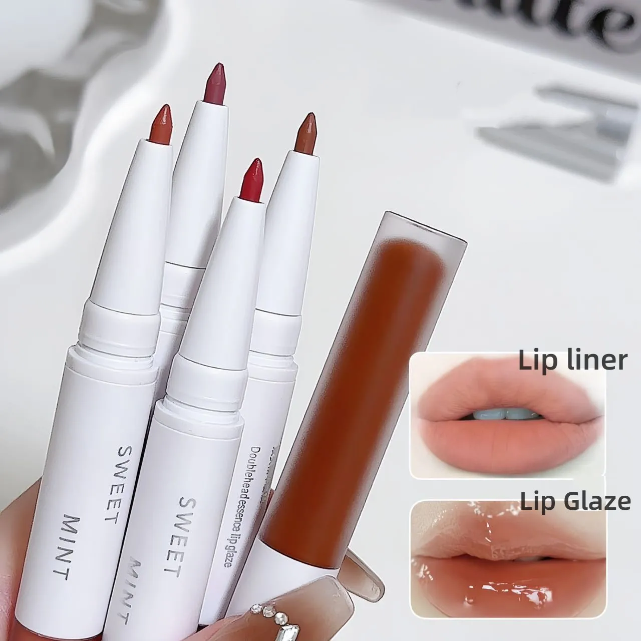 Double-ended Lip Glaze Lipliner 2 IN 1 Jelly Water Shiny Mirror Glass Plumping Lip Gloss Non Sticky Long-Lasting Lipstick Makeup