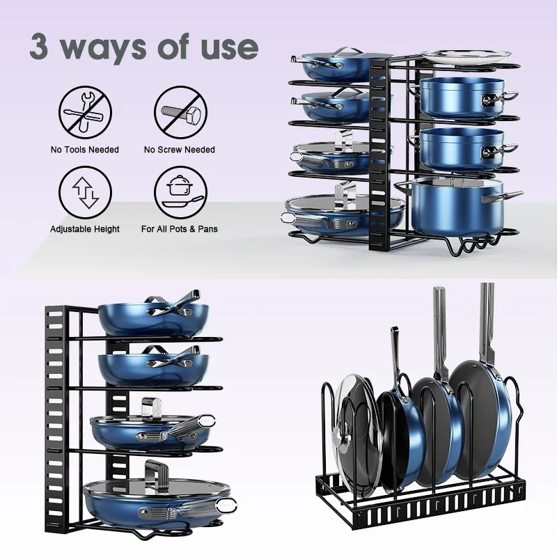 Cross-border Adjustable Multi-layer Pot Rack, Metal Countertop Storage Grid, Vertical Kitchen Organizer Rack
