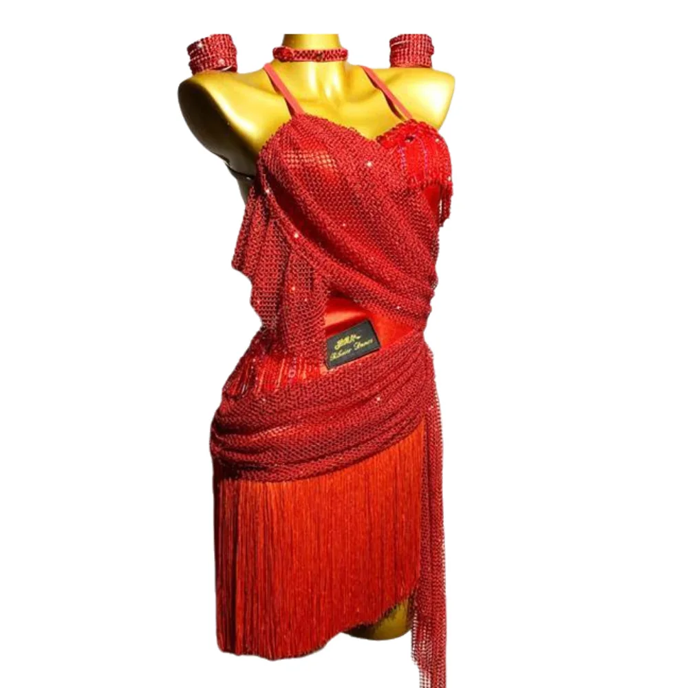 Strój do tańca latynoamerykańskiego dla dorosłych i dzieci, ekskluzywny, szyty na miarę, czerwona siatka z diamentami, frędzle, tango, samba, kamienie AB, strój na występy.