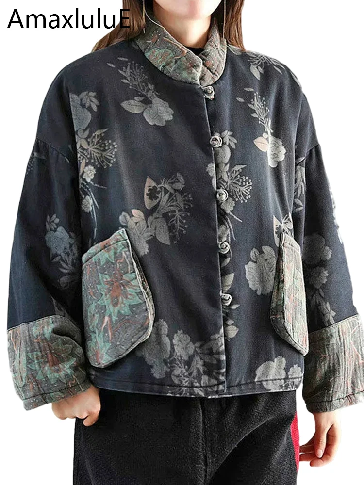 

Amax LuluE, женские теплые парки в китайском стиле, женские винтажные джинсовые зимние стеганые куртки с цветочным принтом, утепленные пальто большого размера для отдыха