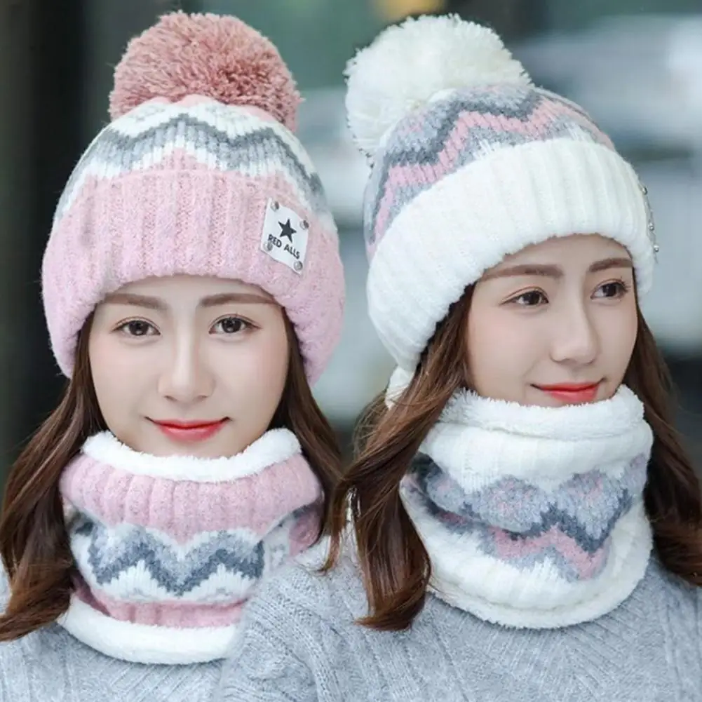 Ladies Thermal Hat Scarf Set Women's Winter Hat Scarf Set with Plush Ball Decor Contrast Color Design Thick Plush for Outdoor