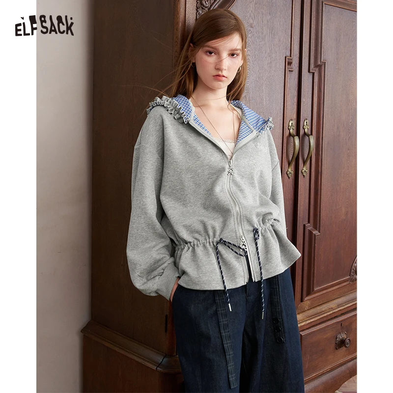 ELFSACK Women's Y2K Zip Up Hoodie with Ruffle Plaid Lining, Drawstring Waist Oversized Sweatshirt for Autumn