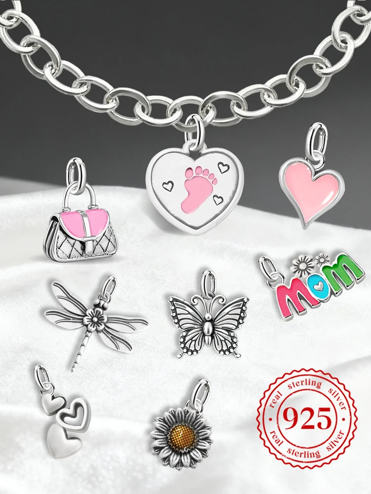 Adjustable 925 Sterling Silver  Vintage Pendants Mom Butterfly Charms Beads Fit Original Bracelet Bangles Necklace DIY Jewelry