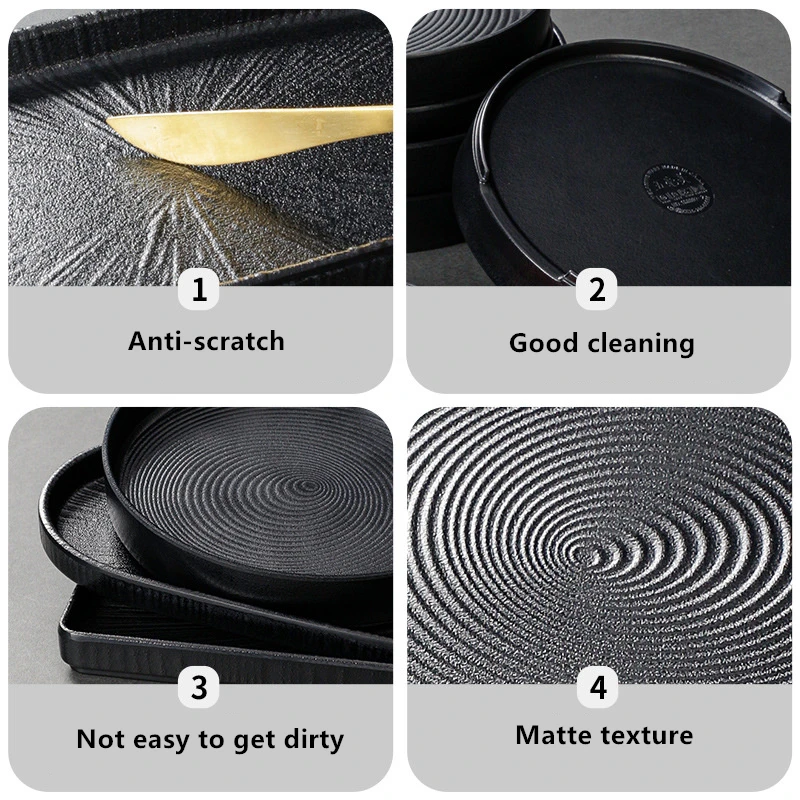 Melamine Black Dinner Plate Thickened Sushi Pans Imitation Porcelain Barbecue Dishes Home Food Serving Tray Household Tableware