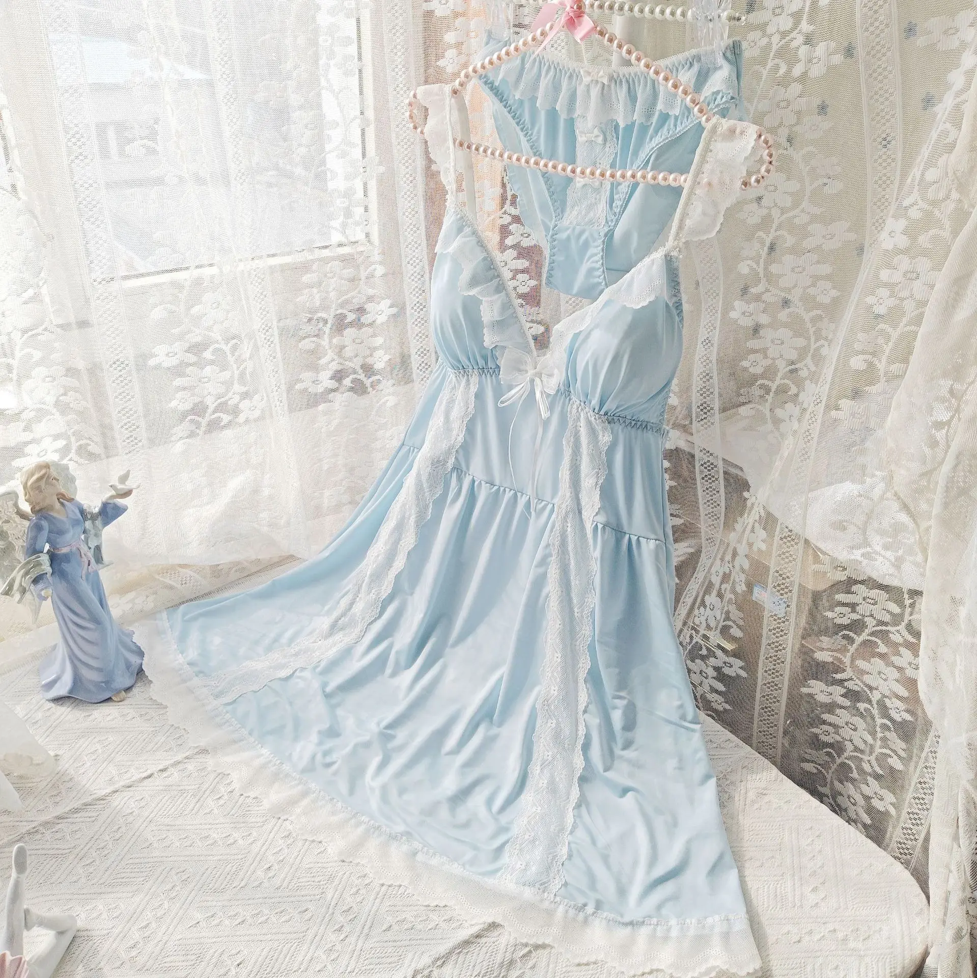 Women Multi-color Bow Lace Ice Silk Nightgown Set Spaghetti Strap V-neck Sleep Dress Built-in Bra Pad Sweet Loungewear Pajamas
