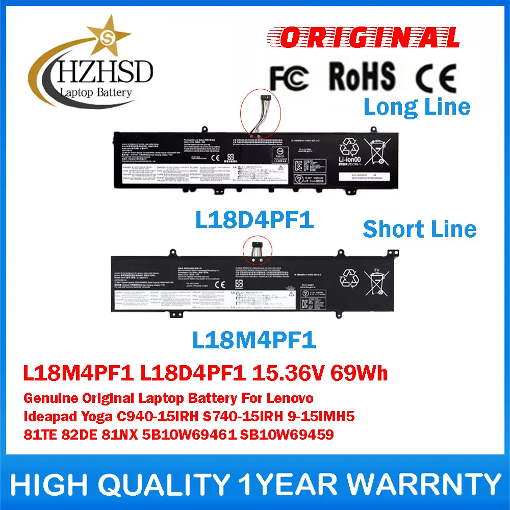 

L18M4PF1 L18D4PF1 15.36V 69Wh Оригинальная батарея для ноутбука Lenovo Ideapad Yoga C940-15IRH S740-15IRH 9-15IMH5 81TE 82DE