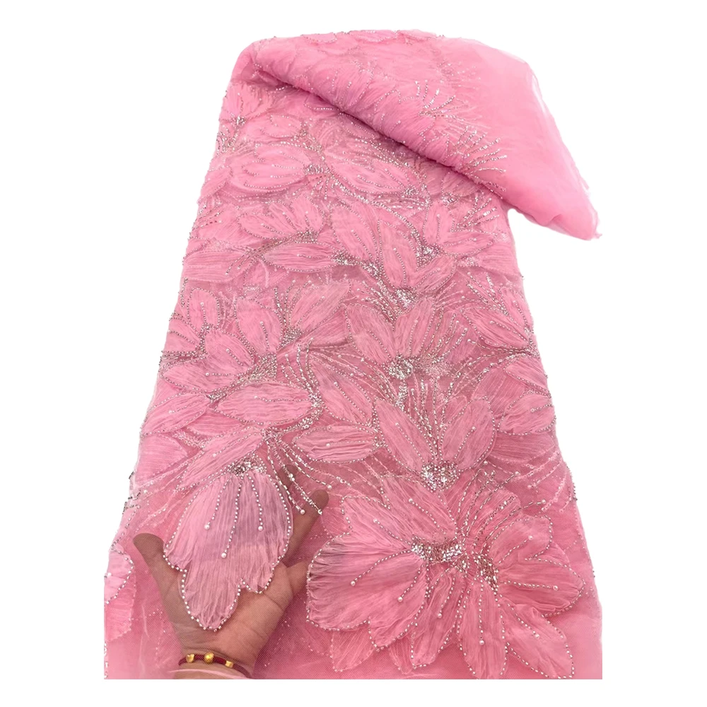 Stones Beaded Printing Lace Fabric Hot Sale 2025 Sew Party Wedding Dress Woman Beaded Embroidery Dyeing Lace Tulle Fabric