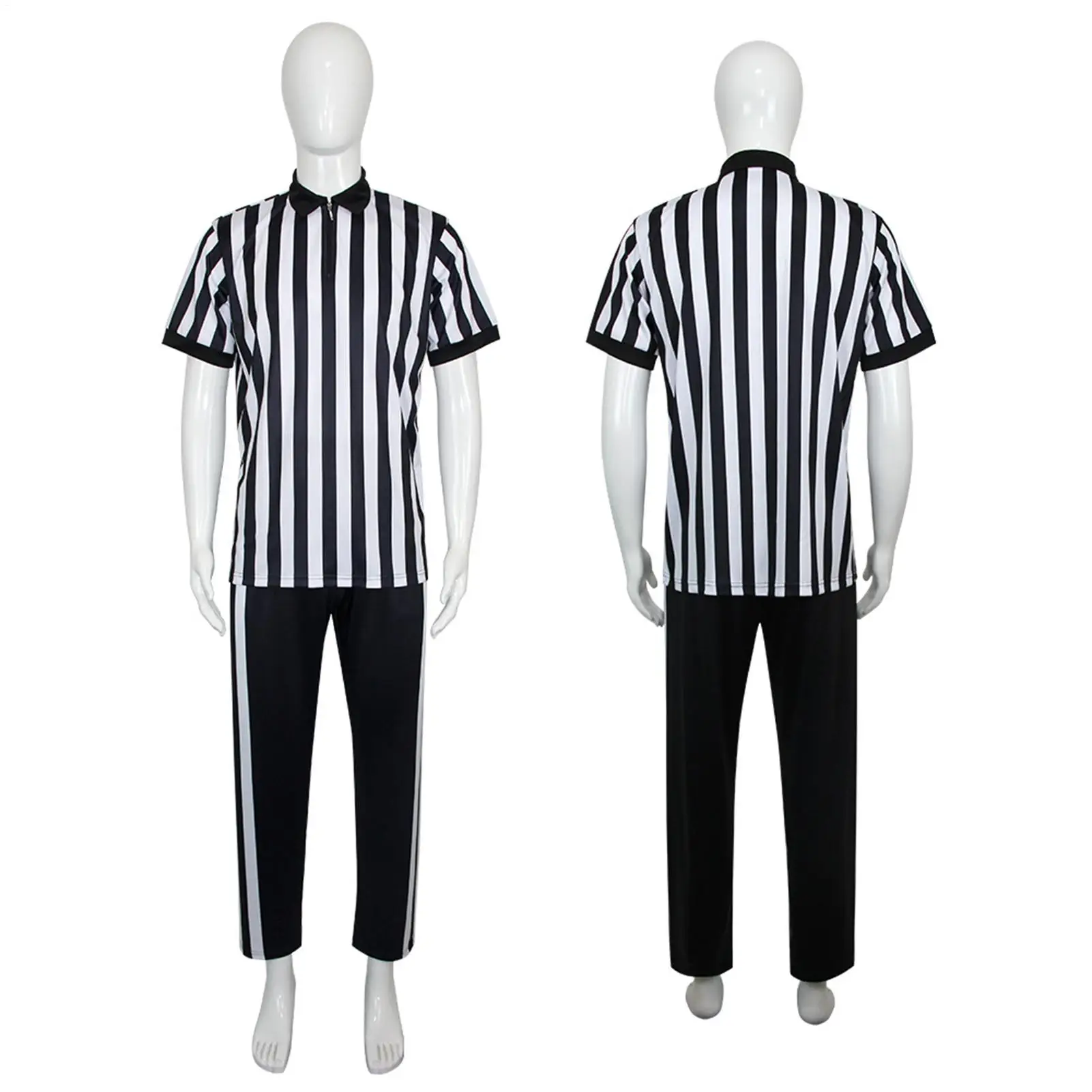 Black & White Striped Referee Shirt Short Sleeve V-Neck Uniform with Pants, Multi-Sport Official Costume for Soccer Basketball view 4