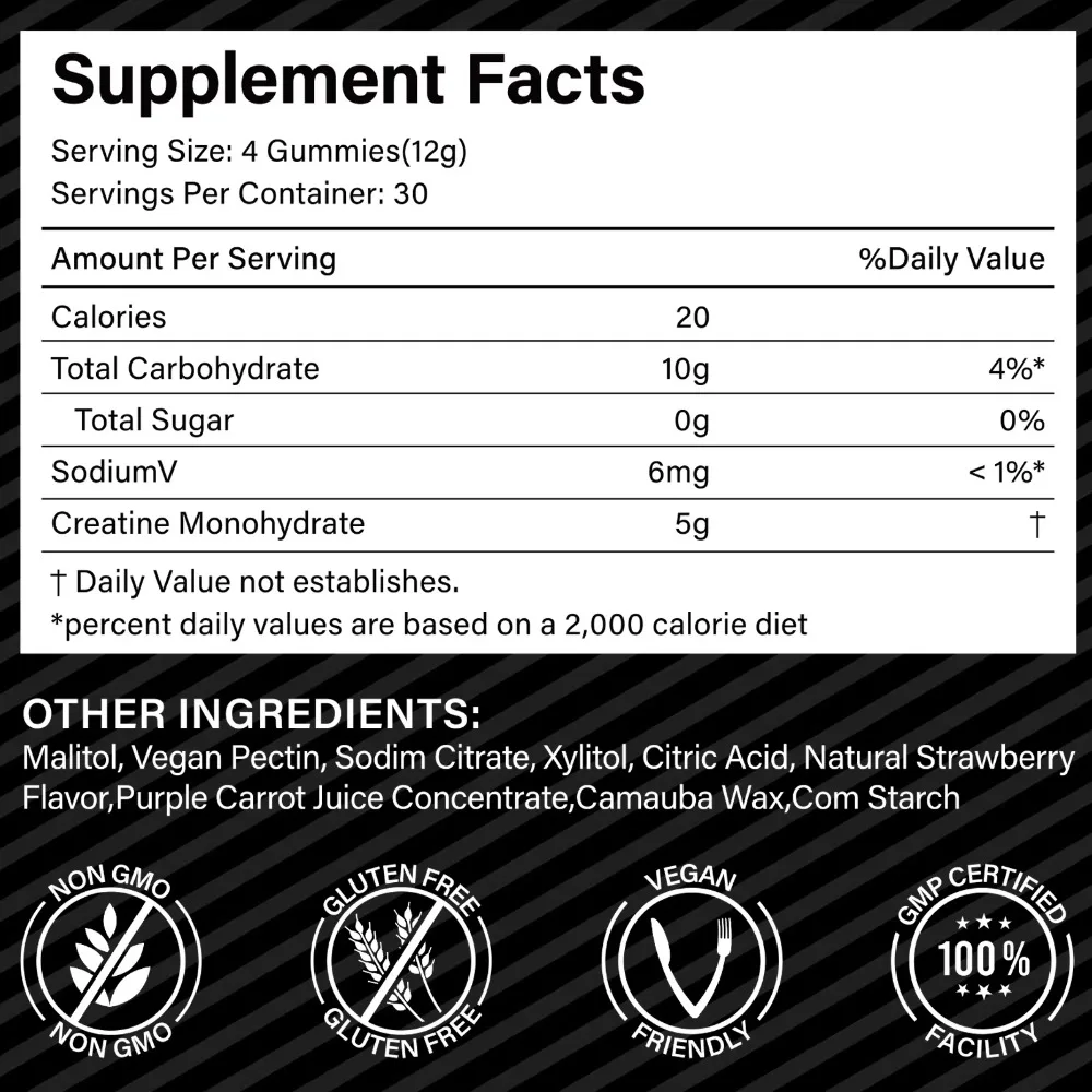 Creatine Monohydrate Gummies 5000mg for Muscle Strength Recovery & Pre-Workout Energy Boost, Sugar-Free Vegan Strawberry, 120 Ct